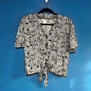 Vintage 90s Tie Front Blouse Women's Size Small Black White Paisley Retro Indie
